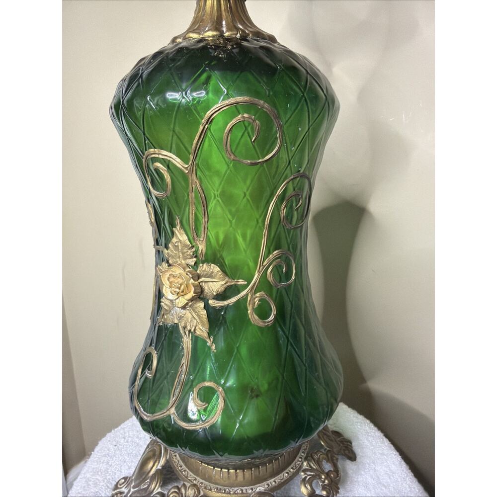 Table Lamp Green Diamond Glass Hollywood Regency MCM Antique Rose Tokyo Japan - Picture 7 of 16
